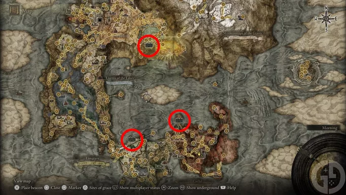 The map locations of the Colosseums in Elden Ring