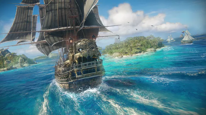 A ship sails between two islands in Skull and Bones.