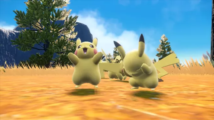 Two wild Pikachu are jumping up and down.