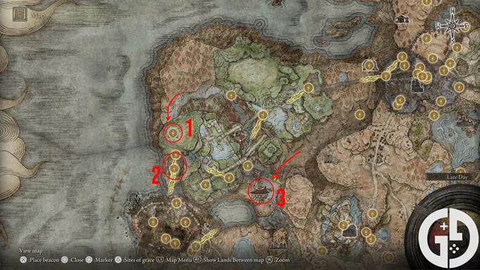 Map showing Ancient Ruins of Rauh key locations in Elden Ring Shadow of the Erdtree