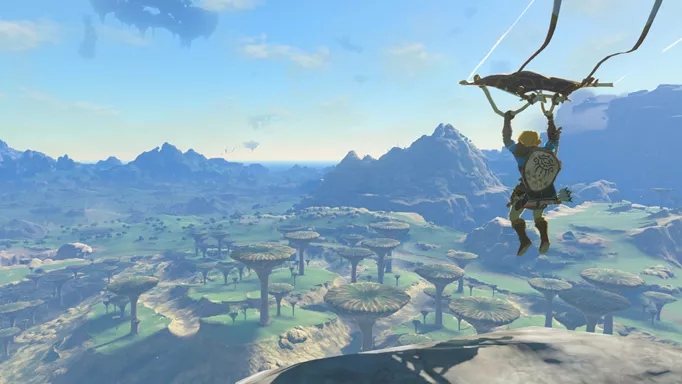 Screenshot of Link using the paraglider in Zelda: Tears of the Kingdom