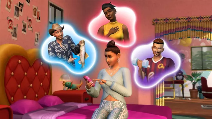 Image of a Sim with characters in bubbles above their head in The Sims 4