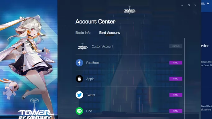Screenshot showing an account in Tower of Fantasy