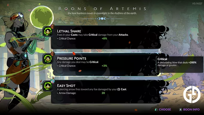 Artemis offering the player Boons.