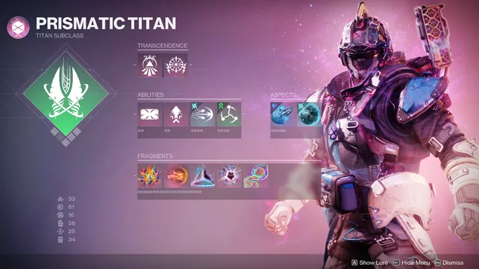 The Prismatic subclass menu for the Titan