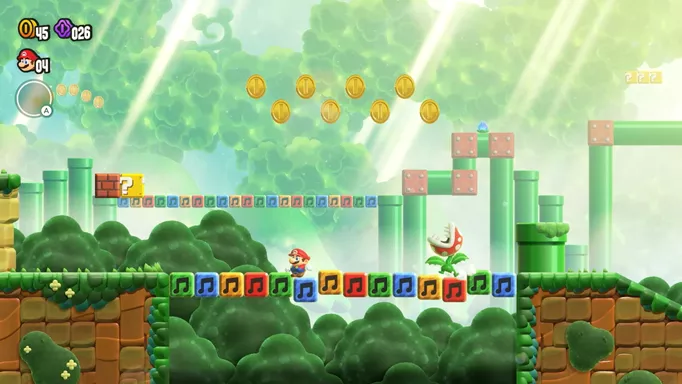 Mario walking across a music block bridge in Wonder.