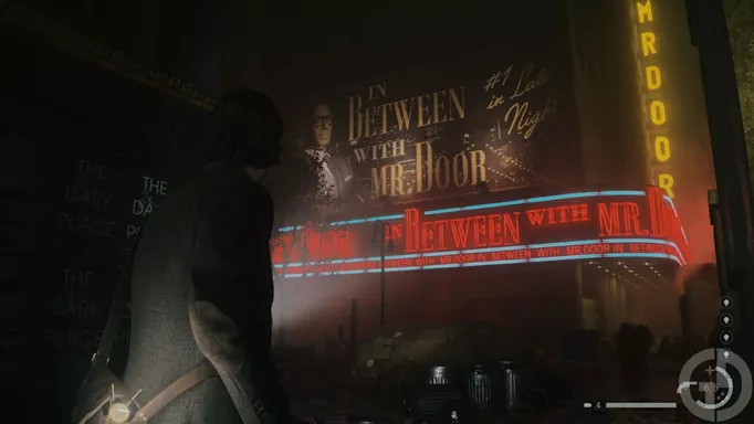 Alan stares at a sign and building advertising Mr Door's talk show in Alan Wake 2