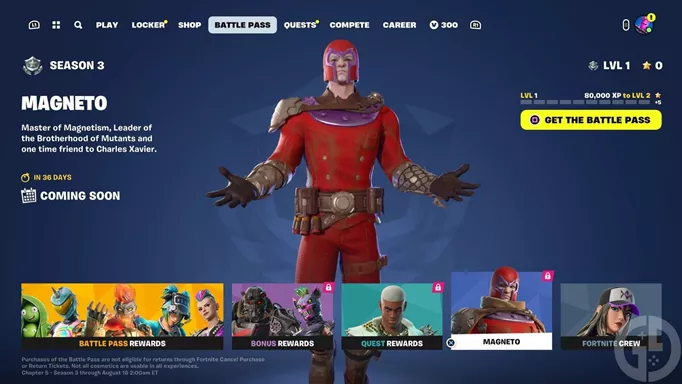The Fortnite Battle Pass options with Magneto