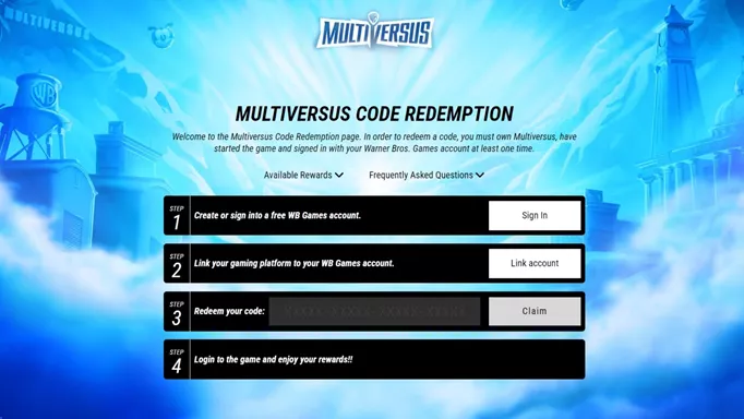 The code redemption site for MultiVersus