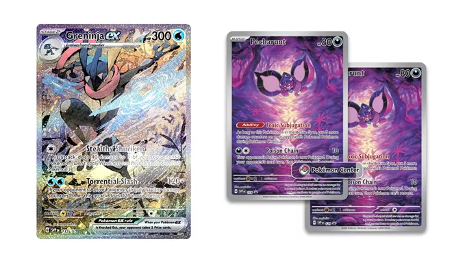 Greninja and Pecharunt cards in the Shrouded Fable expansion