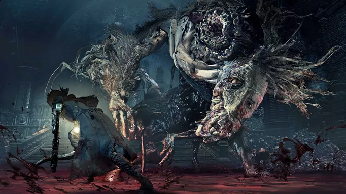 A dramatic boss fight in Bloodborne.