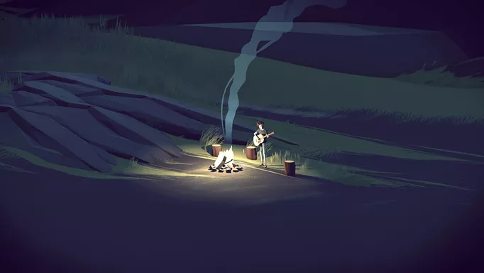 Zek playing guitar in front of a campfire in Closer the Distance