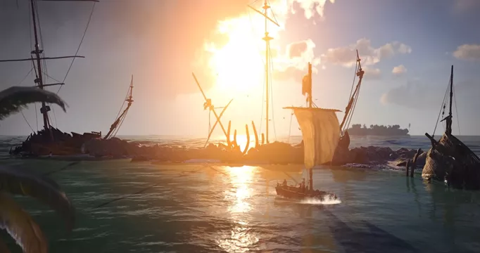 Small ships sail on a backdrop of a beautiful sunset in Skull & Bones.