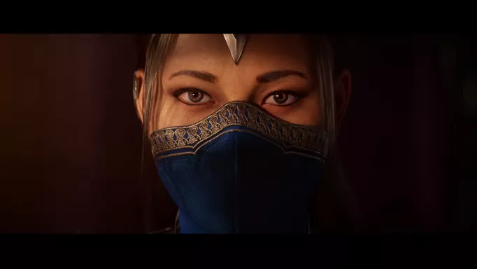 A close-up of Kitana wearing her iconic blue mask in Mortal Kombat 1